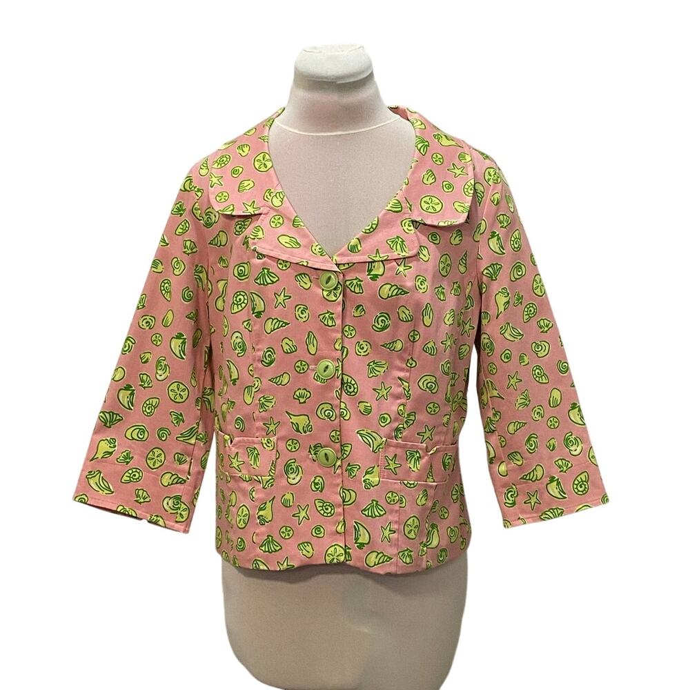 3PALMS Pink Lime Tropical Seashell 3/4 Sleeve Blazer Jacket MEDIUM Pastel Preppy